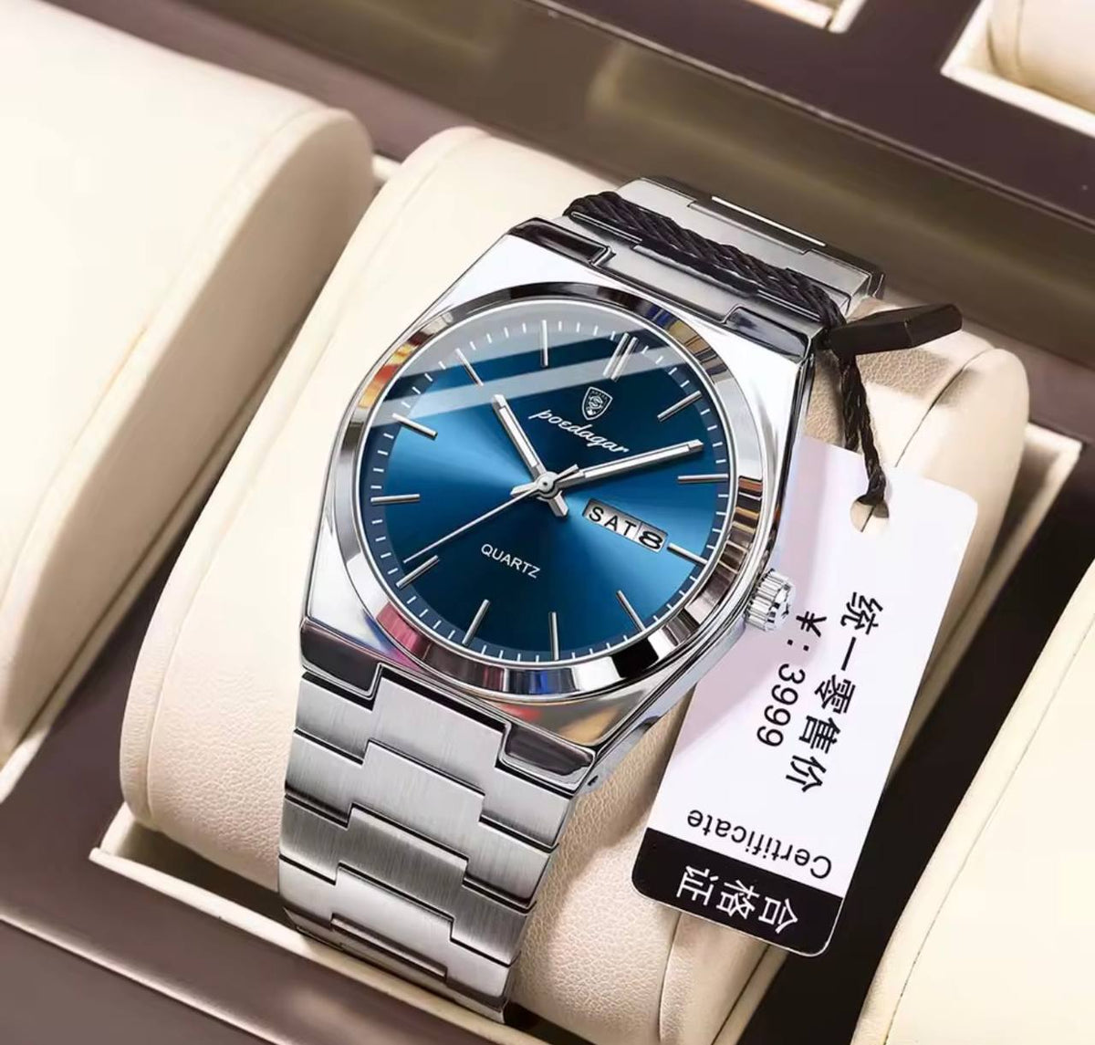 Reloj POEDAGAR 630 para hombre, plateado con esfera azul y calendario de día y fecha
