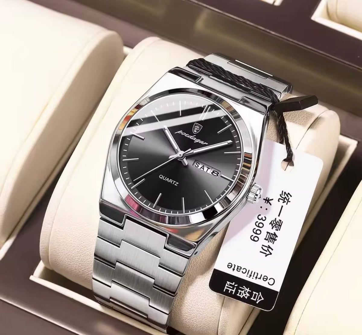Reloj POEDAGAR 630 para hombre, plateado con esfera negra y calendario de día y fecha