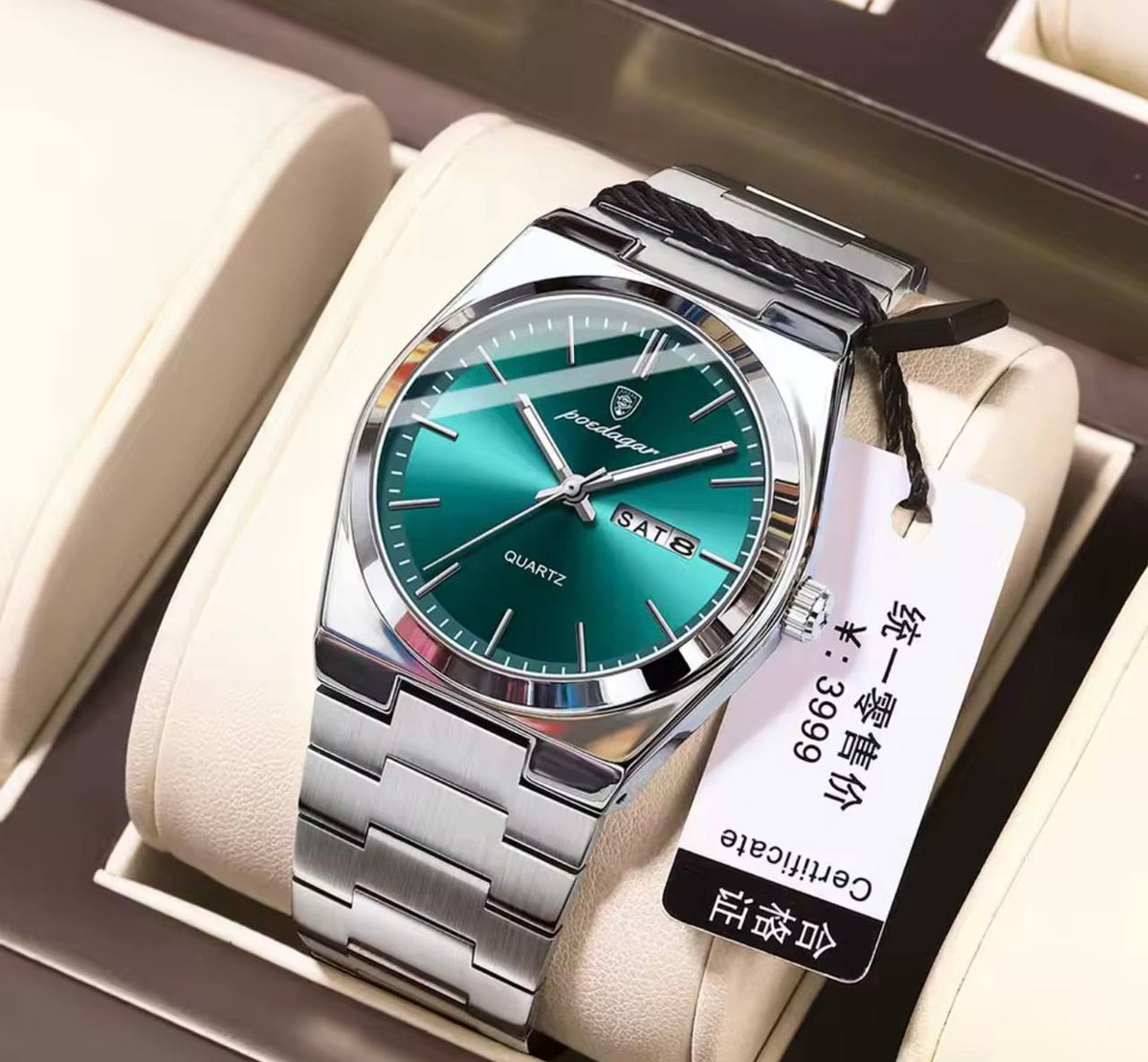 Reloj POEDAGAR 630 para hombre, plateado con esfera verde y calendario de día y fecha