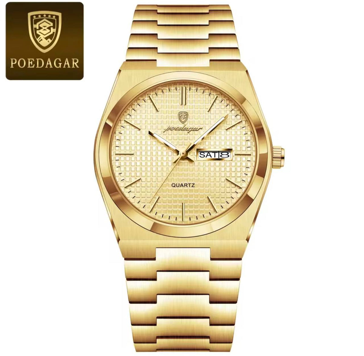 Reloj POEDAGAR 821 dorado para hombre con esfera texturizada y calendario de día y fecha