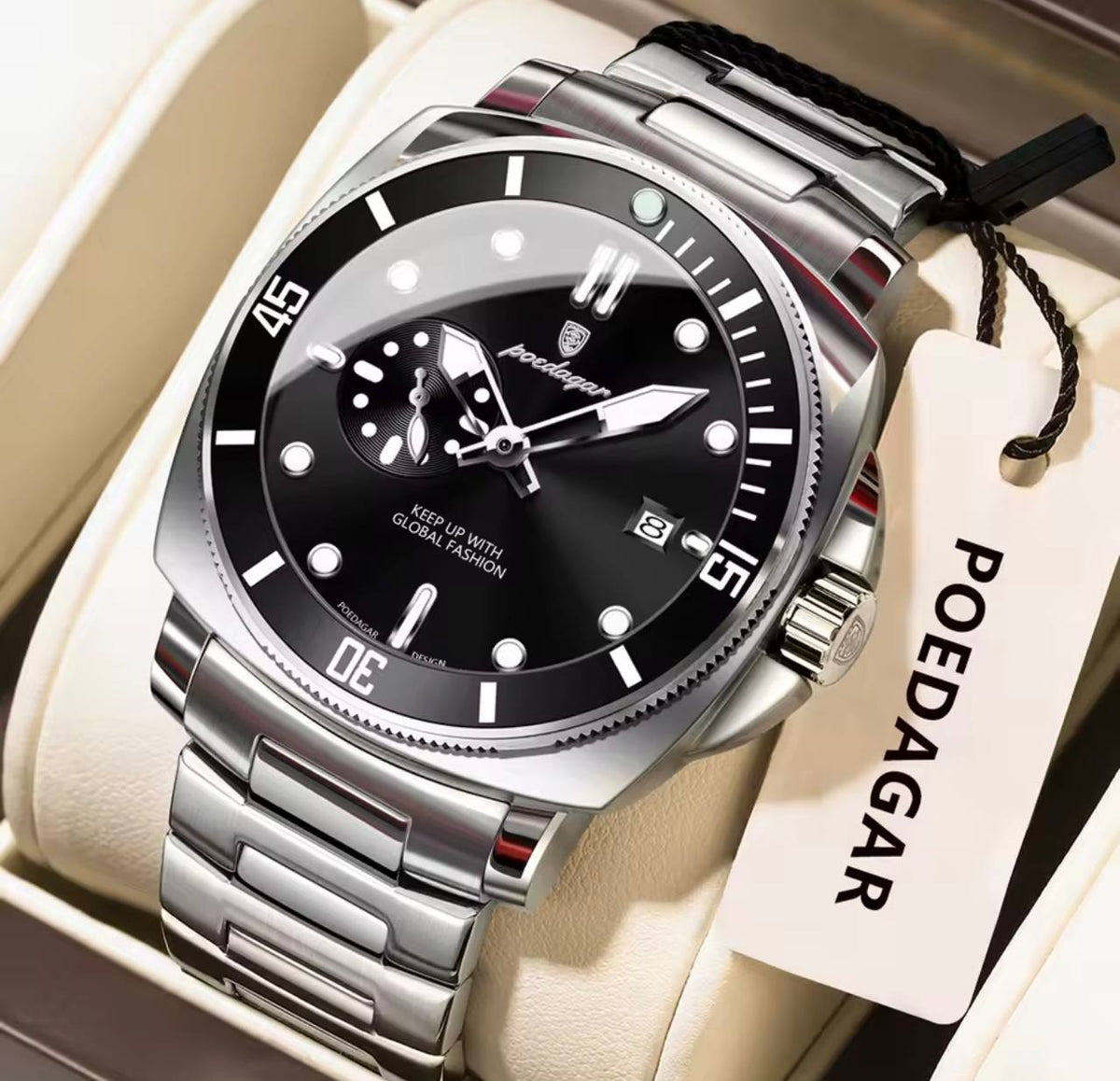 Reloj POEDAGAR 873 para hombre, plateado con esfera y bisel negros