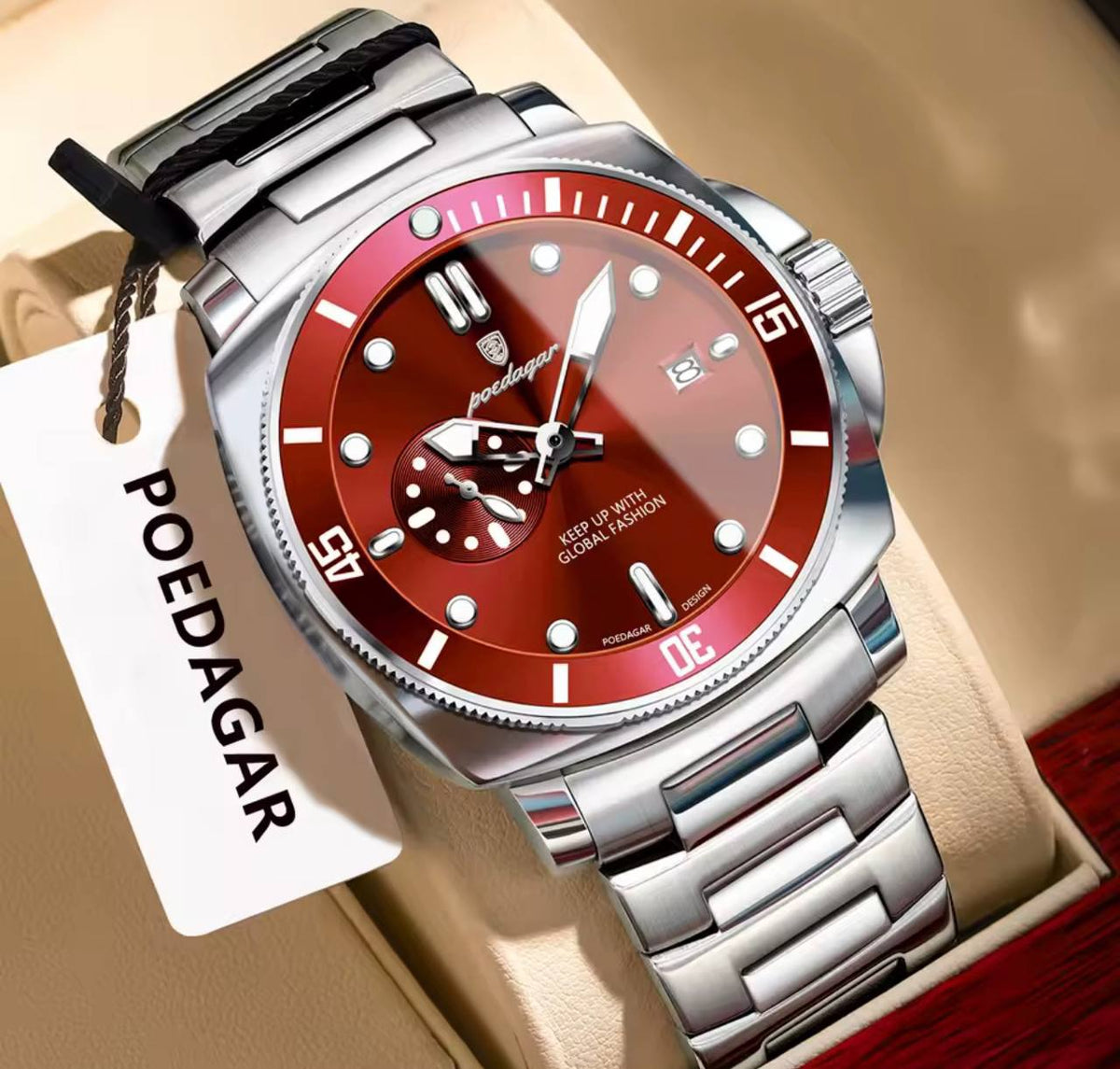 Reloj POEDAGAR 873 para hombre, plateado con esfera y bisel rojos